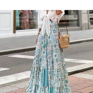 Multicolor Boho Women's Full Printed Maxi Skirt With Umbrella Hem